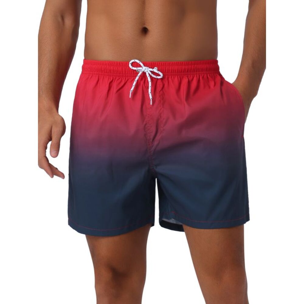 Contrast Color Gradient Elastic Waist Summer Drawstring Beach Shorts Red Black